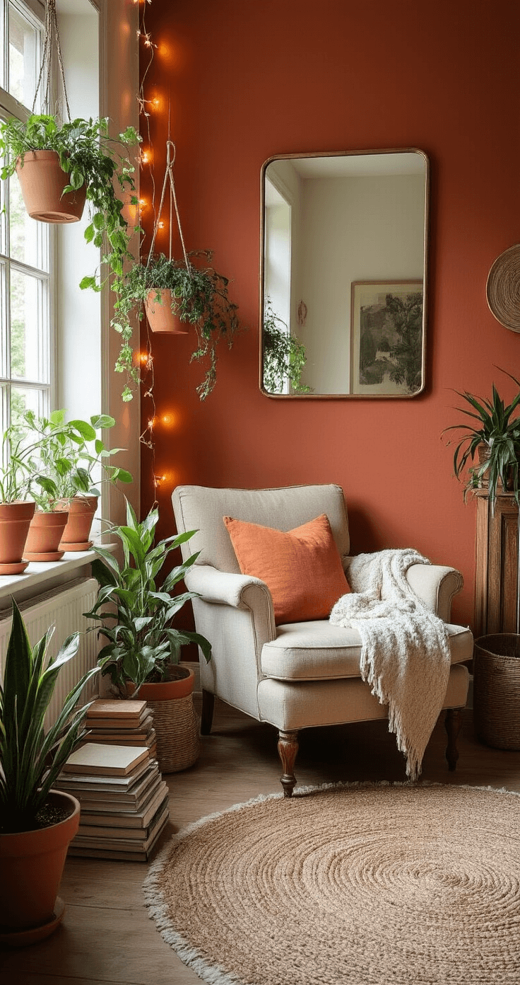 Budgettips voor een Gezellig Huis: Mijn Beproefde Trucs voor Sfeer zonder Geldstress Intimate Dutch home interior with a deep terracotta accent wall, a vintage armchair reupholstered in complementary fabric, surrounded by plants in handpainted terracotta pots. Soft ambient glow from LED string lights and a large mirror creating the illusion of space, styling appears deliberately imperfect with slightly stacked books and a rumpled throw. Warm golden hour lighting highlights textural details and personal touches.