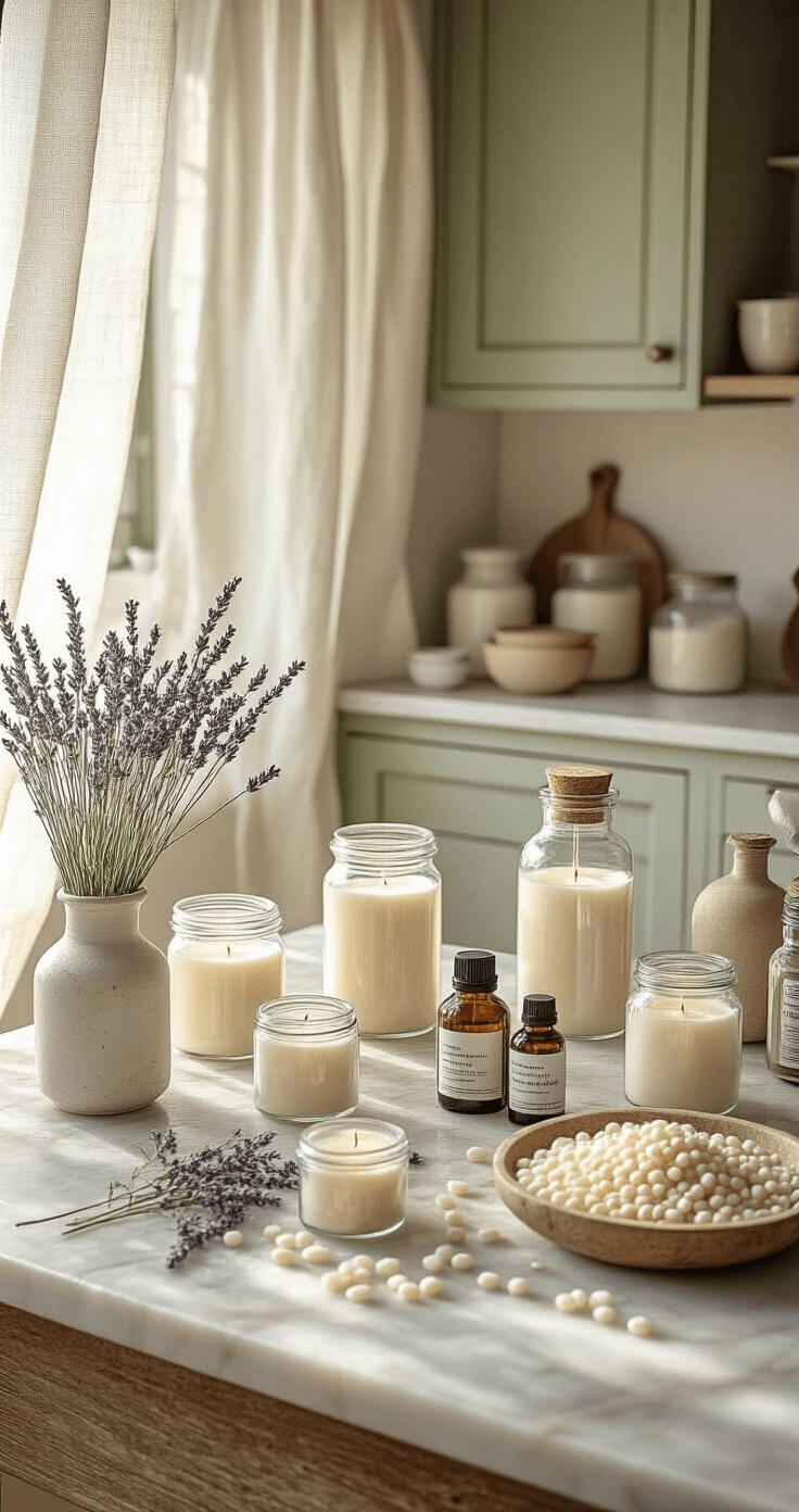 DIY Kaarsen en Wax Melts Maken: Mijn Complete Gids voor Beginners Photorealistic interior of a rustic Dutch kitchen with a marble-topped wooden table, scattered candle-making supplies, and soft natural light filtering through linen curtains, featuring a neutral color palette of warm whites, sage greens, and light wood tones.