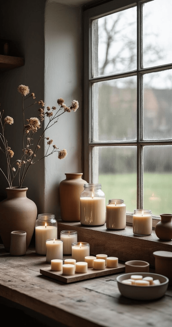 DIY Kaarsen en Wax Melts Maken: Mijn Complete Gids voor Beginners Moody crafting corner in a Dutch home featuring a vintage wooden workbench near an industrial-style window, showcasing handmade candles in glass containers and silicone molds, with a muted color palette and dramatic side lighting emphasizing texture and reflections.