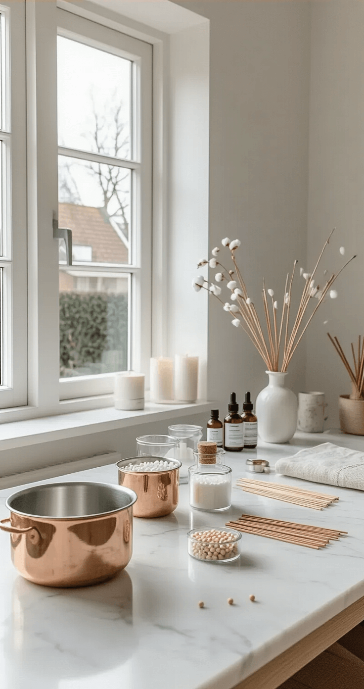 DIY Kaarsen en Wax Melts Maken: Mijn Complete Gids voor Beginners Minimalist Dutch home studio featuring white walls and light oak flooring, filled with diffused natural light. Centered pristine white marble surface displays neatly arranged candle-making tools, including a copper melting pot, digital thermometer, organized essential oils, cotton wicks, and soy wax pellets in glass containers. Soft neutral color scheme highlights crafting precision.