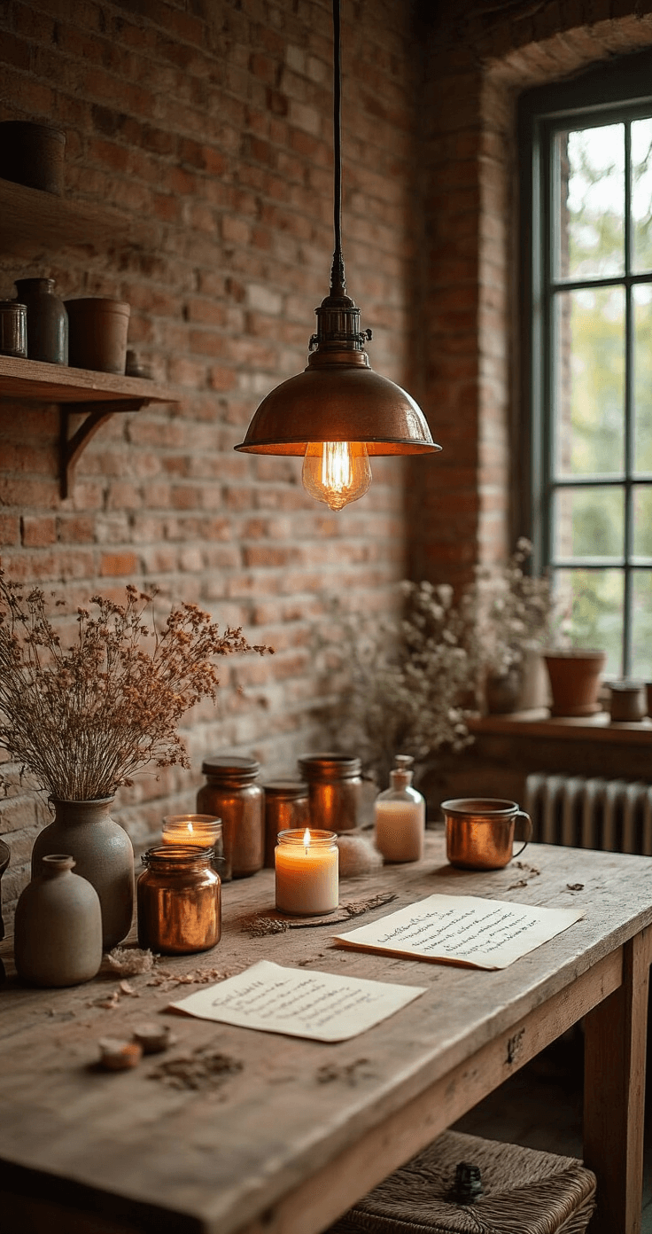 DIY Kaarsen en Wax Melts Maken: Mijn Complete Gids voor Beginners Warm and inviting corner of a Dutch home workshop featuring an exposed brick wall and soft amber lighting from a vintage industrial pendant lamp, with a wooden farmhouse table displaying half-finished soy wax candles, dried botanicals, copper tools, and handwritten recipe notes, all in a rich earthy color palette.
