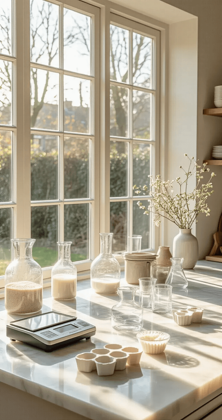 DIY Kaarsen en Wax Melts Maken: Mijn Complete Gids voor Beginners A sunlit Dutch kitchen with large windows overlooking a garden, featuring a marble-topped island as a temporary candle-making station, surrounded by professional tools like a digital scale, glass beakers, and silicone molds. Soft morning light casts delicate shadows, enhancing the textures of glass and ceramics in a neutral palette of whites, soft grays, and natural wood tones.