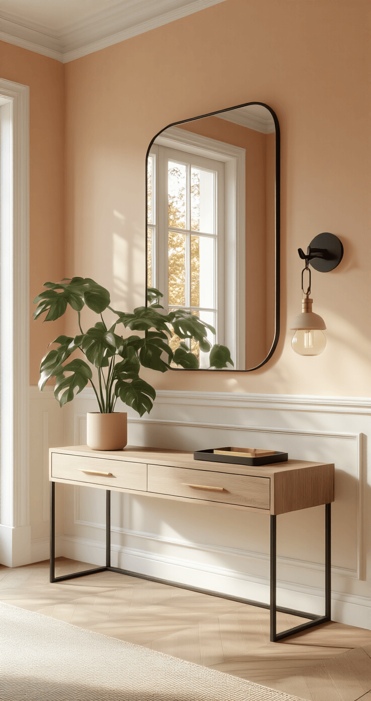 Geef Je Hal Een Make-Over: Van Saai naar Sensationeel Photorealistic Dutch hallway featuring morning light through a glass door, soft peach walls with white lambrisering, a sleek wooden console table with a brass key tray, matte black designer wall hooks, a large clustered mirror arrangement, a monstera plant in a ceramic pot, a minimalist pendant light, and a hardwood herringbone floor, all captured from a low angle in warm, inviting tones.