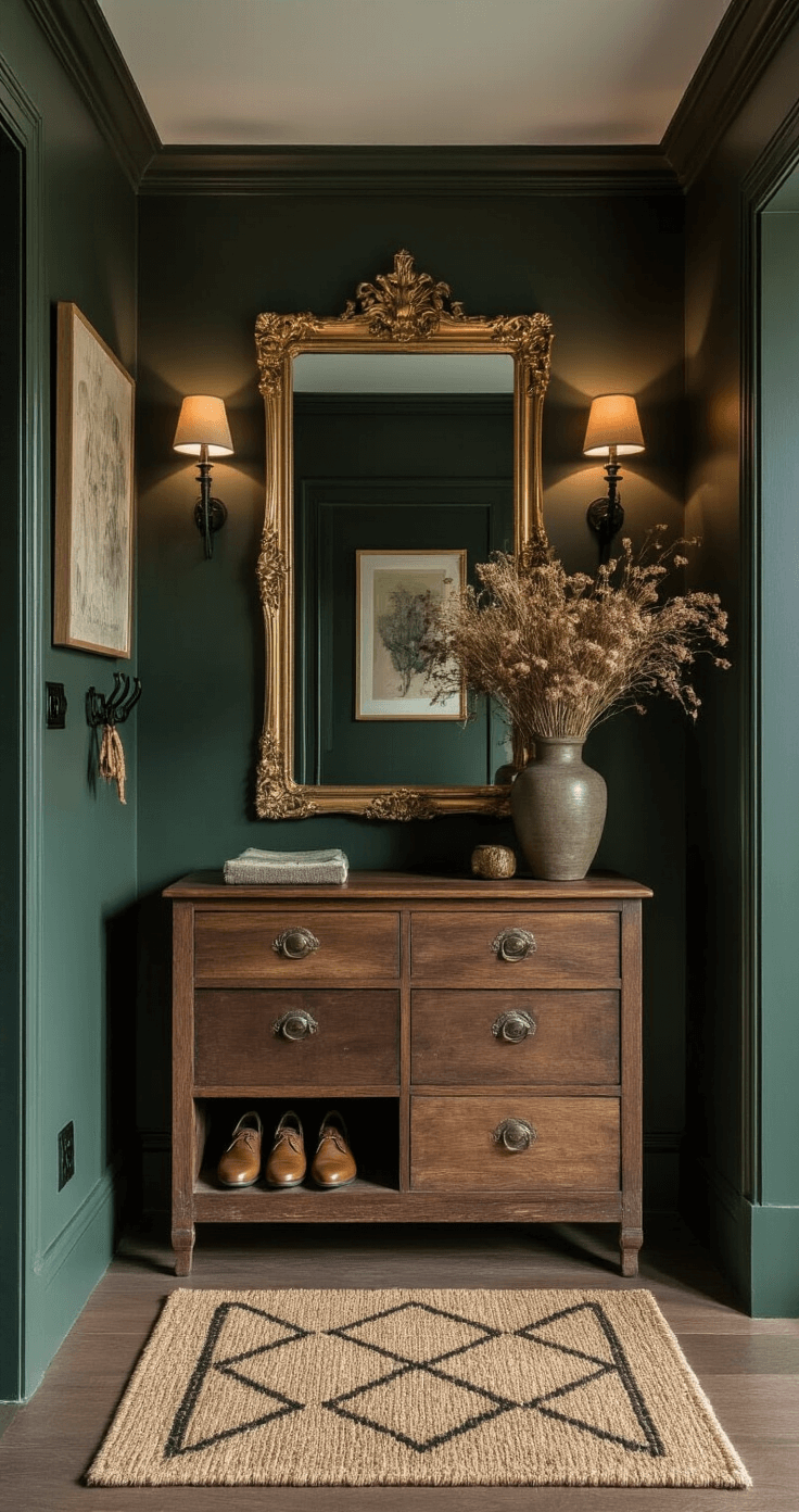 Geef Je Hal Een Make-Over: Van Saai naar Sensationeel Een dramatische, donker groene gang met een vintage houten schoenenkast, een cluster van sierlijke gouden spiegels, industriële wandhaken, een luxueus kokosmat met geometrisch patroon, een droogbloemarrangement in een hoge keramische vaas, subtiele wandlampen die een sfeervol licht creëren, een vintage loper in gedempte tinten, een modern kunstwerk aan de muur en verschillende texturen zoals wol, hout en metalen accenten, in een brede opname die diepte en architectonische details benadrukt.