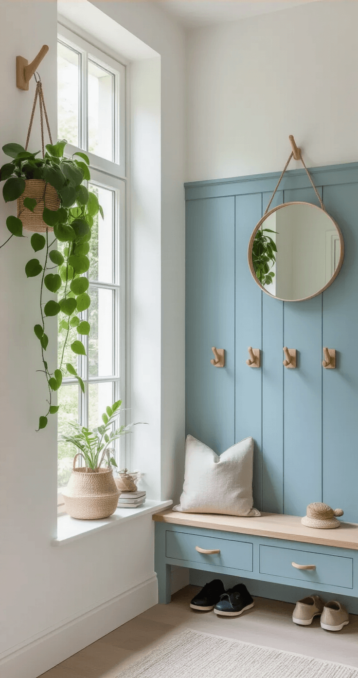Geef Je Hal Een Make-Over: Van Saai naar Sensationeel A modern Dutch hallway featuring crisp white walls, a large pastel blue wandplank with decorative items, natural wood wall hooks in varying heights, a statement round mirror with a thin black frame, a lush hanging pothos plant, minimal shoe storage with an integrated bench, and soft natural daylight streaming in from a side window, all reflecting Scandinavian minimalist styling.