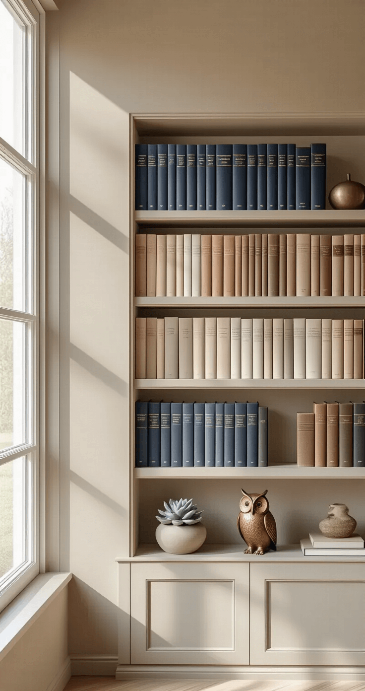 Boekenplanken Stylen en Organiseren: Zo Creëer Je Een Instagram-Waardige Boekenkast A photorealistic Dutch living room interior featuring a color-graded bookshelf from navy to pastels against a warm taupe wall, illuminated by soft natural light from a large window, with a mix of horizontal and vertical books, bronze bookends, a ceramic succulent, and a vintage bronze owl sculpture, all captured in a 50mm lens perspective.