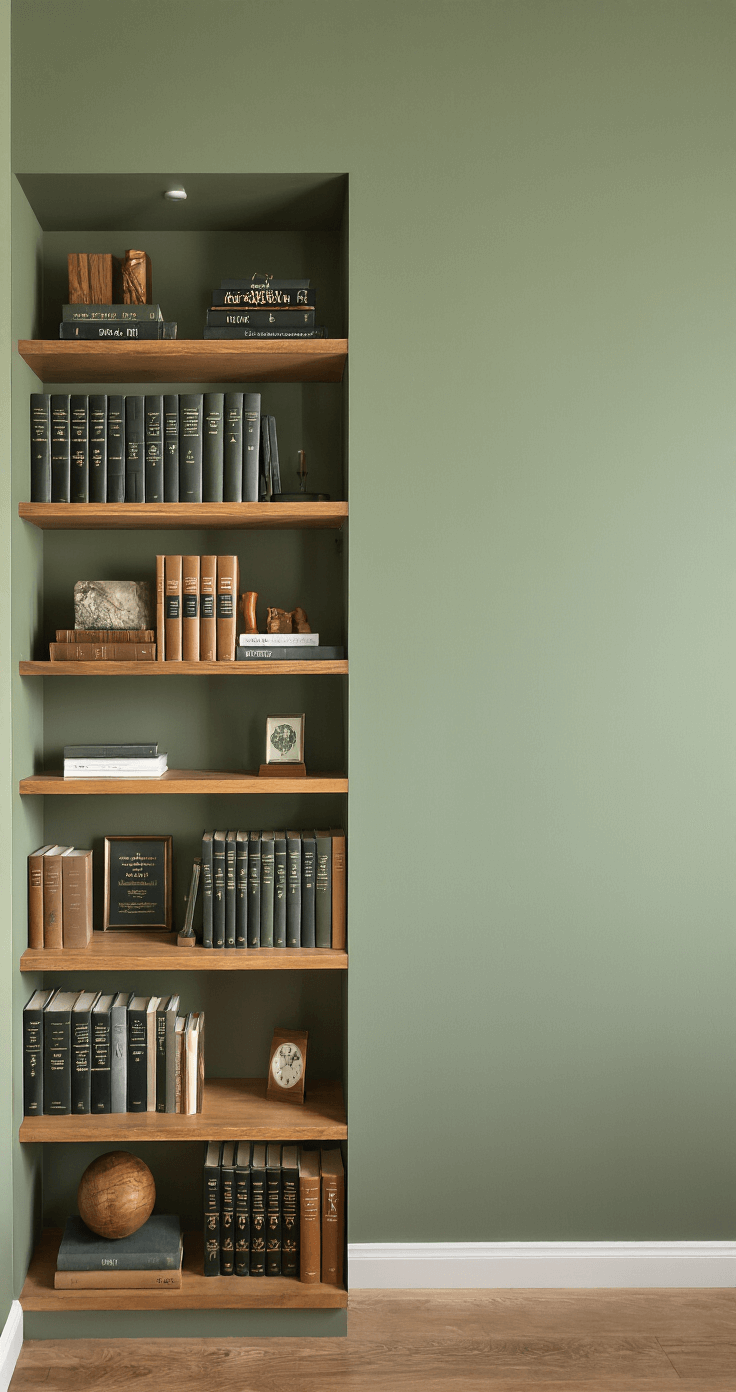 Boekenplanken Stylen en Organiseren: Zo Creëer Je Een Instagram-Waardige Boekenkast Gezellig thuiskantoor met een functionele boekenplank, gevuld met onderzoeks- en professionele boeken, netjes geordend op genre. De muren zijn muted saliegroen en de warmhouten planken zijn gevuld met boeken met duidelijke genre-labels, interspersed met kleine professionele awards, een elegante leeslamp en zorgvuldig gekozen decoratieve objecten. Het beeld is vanuit een licht verhoogd perspectief genomen in natuurlijk ochtendlicht, wat de organisatie en intellectuele verfijning benadrukt.