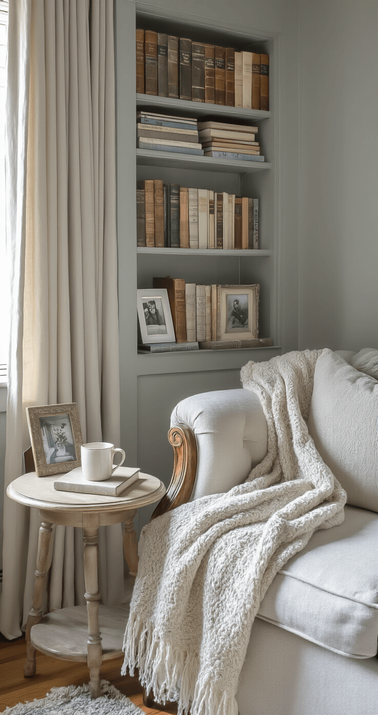 Boekenplanken Stylen en Organiseren: Zo Creëer Je Een Instagram-Waardige Boekenkast Intieme leeshoek in een slaapkamer met een vintage fauteuil, een klein, persoonlijk samengestelde boekenplank vol emotioneel belangrijke boeken, zachte kleuren, een bijzettafel met een keramische mok, een opgevouwen dekentje en persoonlijke foto's, verlicht door zacht licht van een nabijgelegen raam.