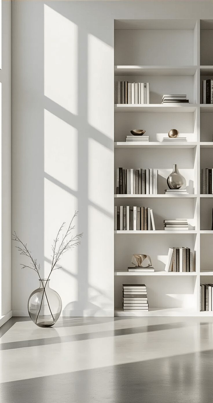 Boekenplanken Stylen en Organiseren: Zo Creëer Je Een Instagram-Waardige Boekenkast Een modern minimalistisch woonkamer boekenplank met witte muren en een gepolijste betonvloer, waar boeken 90% rechtop en 10% liggend zijn gerangschikt. Sculpturale elementen zoals een glazen vaas en kleine metalen kunstobjecten zijn opgenomen, met nauwkeurige verlichting die dramatische schaduwen creëert en de grafische indeling benadrukt, vastgelegd vanuit een laag perspectief om de hoogte en architecturale kwaliteit van het schapsysteem te benadrukken.