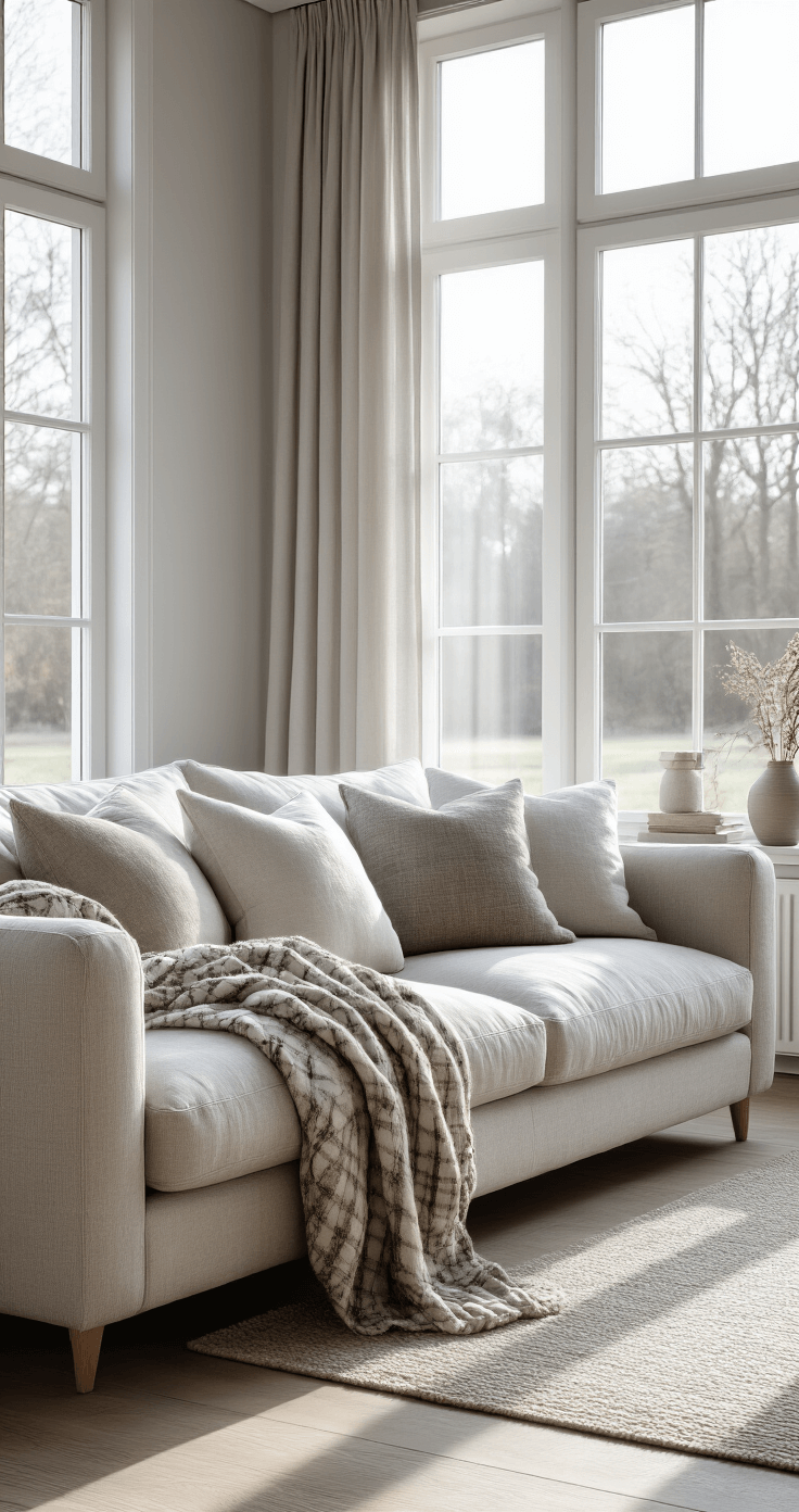 Kussens en Plaids: Zo Creëer Je Instant Sfeer in Elk Hoekje van Je Huis Ultra-detailed photorealistic image of a Dutch living room interior in Scandinavian minimalist style, featuring a linen sofa with muted throw pillows, chunky knit plaid, hardwood floors, and soft winter light filtering through large windows.