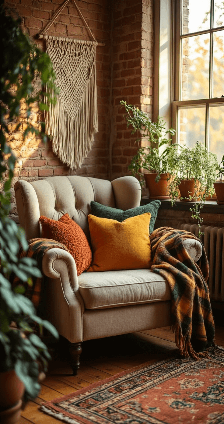 Kussens en Plaids: Zo Creëer Je Instant Sfeer in Elk Hoekje van Je Huis Een gezellige boheemse leeshoek met een grote vintage fauteuil, verwarmend gouden namiddaglicht, meerdere textuurvolle kussens in terracotta, mosterdgeel en diep groen, handgeweven wollen plaid over de armleuning, binnenhuiskruiden met hangende wijnstokken, macramé wanddecoratie, blootgestelde bakstenen muur, houten vloer met een vintage Perzisch tapijt, in zachte focus gefotografeerd met een intieme hoek van 45 graden voor een uitnodigende sfeer.