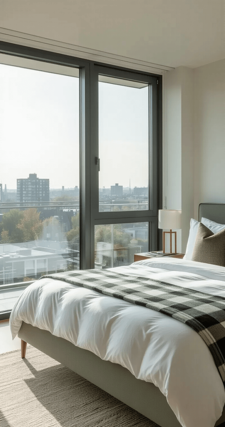 Kussens en Plaids: Zo Creëer Je Instant Sfeer in Elk Hoekje van Je Huis Modern Dutch bedroom featuring floor-to-ceiling windows with an urban view, a minimalist king-sized bed adorned with white linens and designer throw pillows in geometric patterns, sage green and charcoal accents, a cashmere plaid at bed's foot, mid-century modern side tables, and soft morning light enhancing the room's clean lines and textile textures.