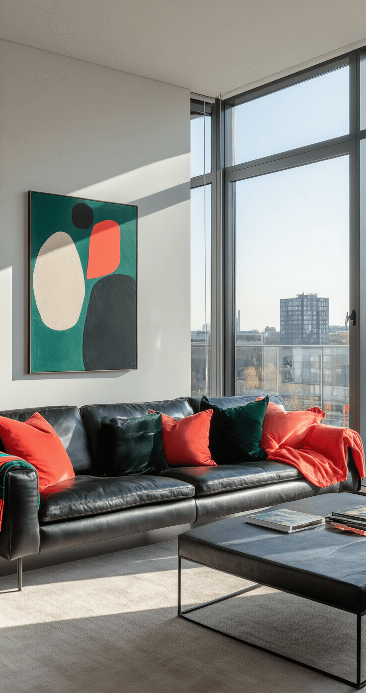 Kussens en Plaids: Zo Creëer Je Instant Sfeer in Elk Hoekje van Je Huis Contemporary Dutch apartment living room featuring sleek furniture in an open plan design, highlighted by a black leather sofa adorned with coral and emerald green accent pillows, a metallic textured plaid, and an abstract art piece on a white wall; large windows offer a dramatic city view with late afternoon lighting creating strong shadows and contrast, all captured in a professional architectural photography style.
