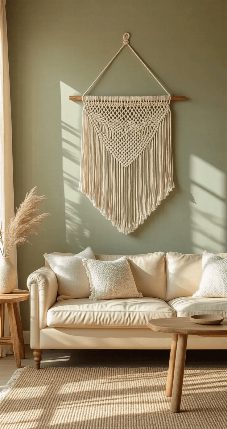 Zelf Muurhangers en Wandkleden Maken: Jouw Gids Voor Unieke Wanddecoratie Een warme woonkamer met een handgemaakt macramé wandkleed boven een vintage crèmekleurige leren bank. Zachte ochtendzonlicht stroomt door linnen gordijnen, werpt schaduwen op de gevlochten patronen. Natuurlijke houten bijzettafels met messing accenten flankeren de bank, met een textuur jute vloerkleed eronder. Verbleekte saliegroene muren vormen een serene achtergrond. Camera geplaatst onder een hoek van 45 graden, legt de zachte textuur en delicate details van het geweven kunstwerk vast. Neutraal kleurenpalet met warme beige, zachte wittinten en hints van olijfgroen.