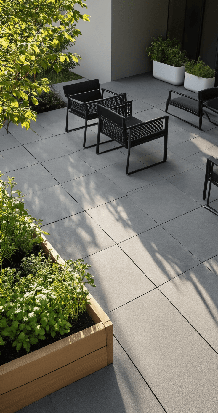 Terras Aanleggen met Budgetvriendelijke Ideeën: Zo Creëer je een Droomterras Zonder Fortuin Modern minimalist Dutch terrace featuring large matte gray floating concrete tiles, sleek black metal furniture, potted architectural plants, and a handcrafted wooden herb planter, all bathed in soft afternoon sunlight.