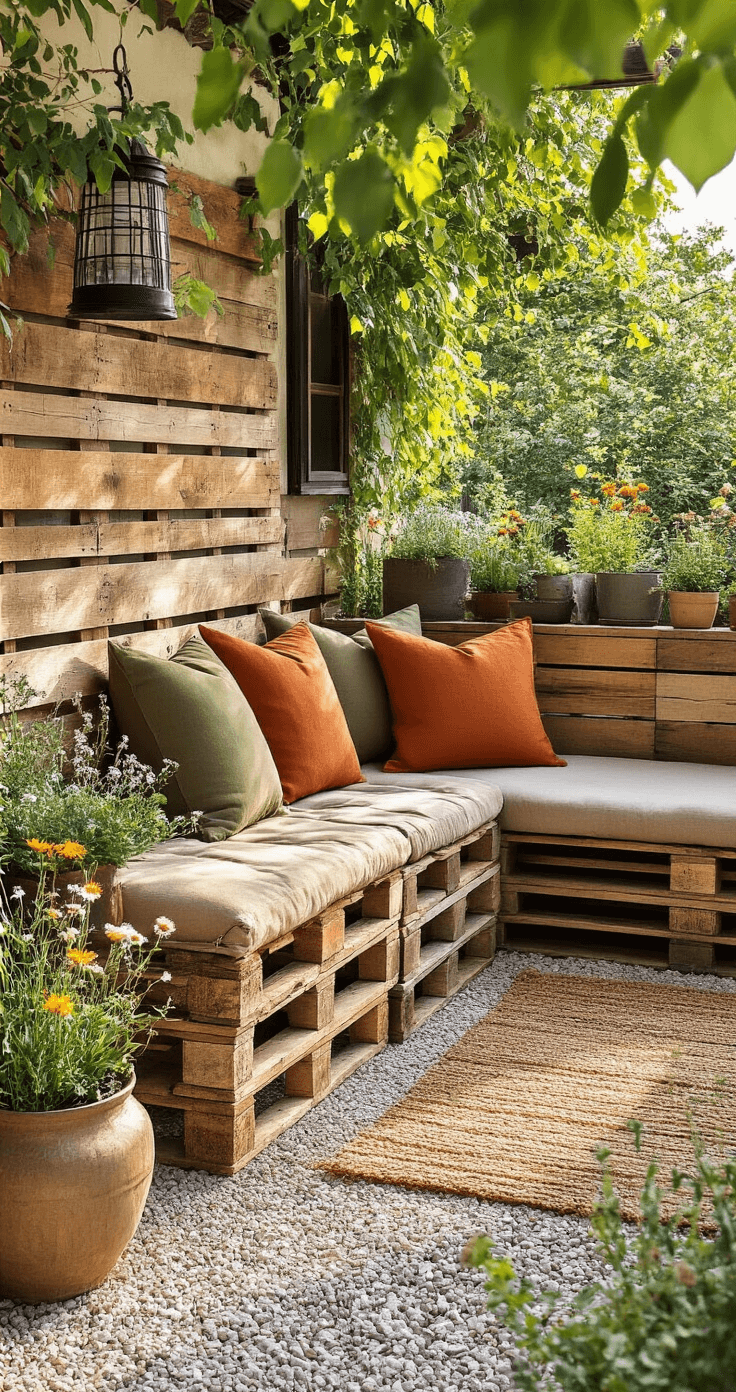 Terras Aanleggen met Budgetvriendelijke Ideeën: Zo Creëer je een Droomterras Zonder Fortuin Cozy terras met gerecyclede houten pallets, handgemaakte palletzitplaatsen met comfortabele kussens in roest- en olijfgroentinten, gemengde grindpaden en strategisch geplaatste wilde bloemen en vetplanten, verlicht door vintage metalen solar tuinlantaarns.