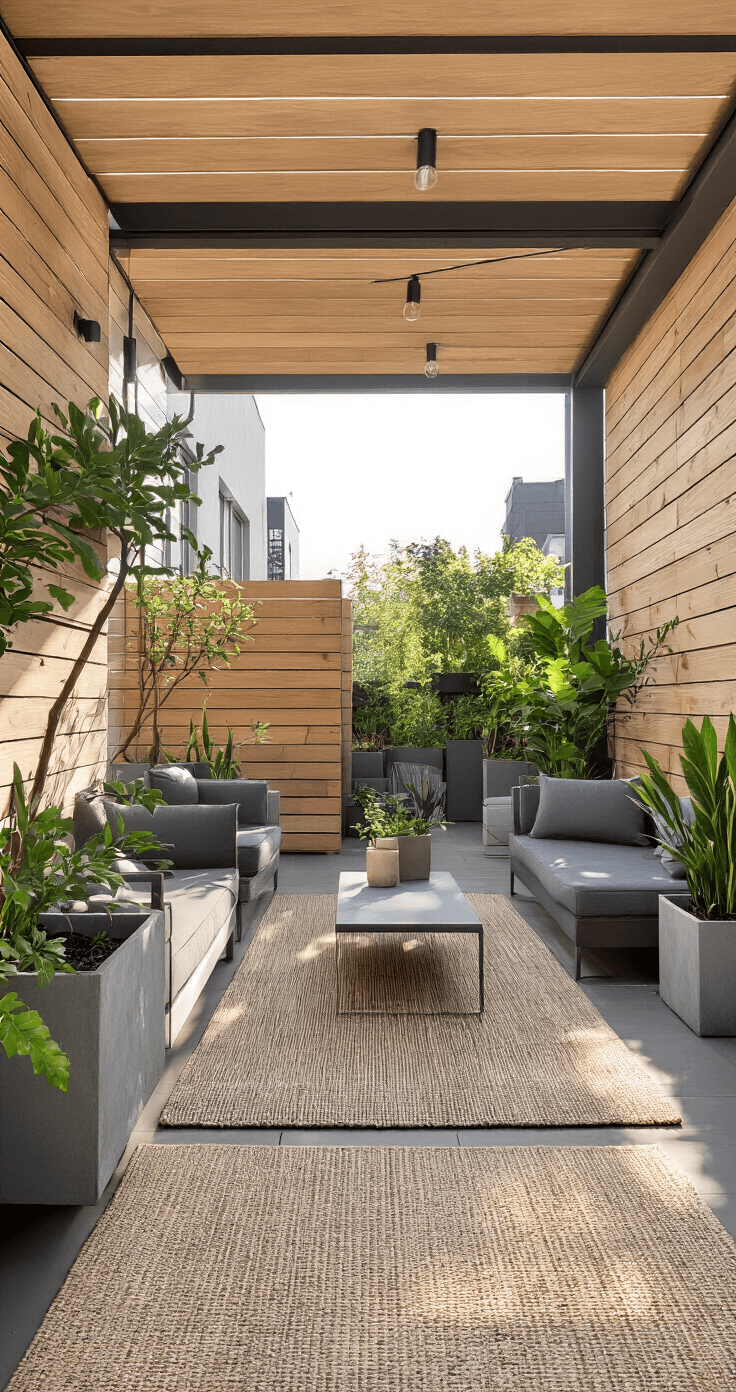 Terras Aanleggen met Budgetvriendelijke Ideeën: Zo Creëer je een Droomterras Zonder Fortuin Moderne stedelijke terrasontwerp met industrieel-stijl steenschotten houten panelen, minimalistische charcoal grijze buitenzitplaatsen en betonnen plantenbakken, in fel ochtendlicht.