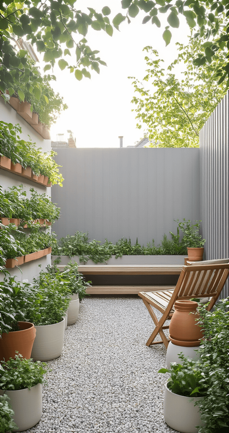 Kleine Tuin Slim Inrichten: Van Postzegel naar Paradijs A beautifully designed 22 square meter Dutch urban garden interior featuring a narrow winding gravel path, soft morning light filtering through a minimalist grey fence, and strategically placed wooden, terracotta, and white ceramic plant pots. The scene includes a compact seating area with foldable teak furniture and a vertical herb garden mounted on the left wall, all captured from a slightly elevated angle with a soft pastel color palette emphasizing texture and spatial relationships.