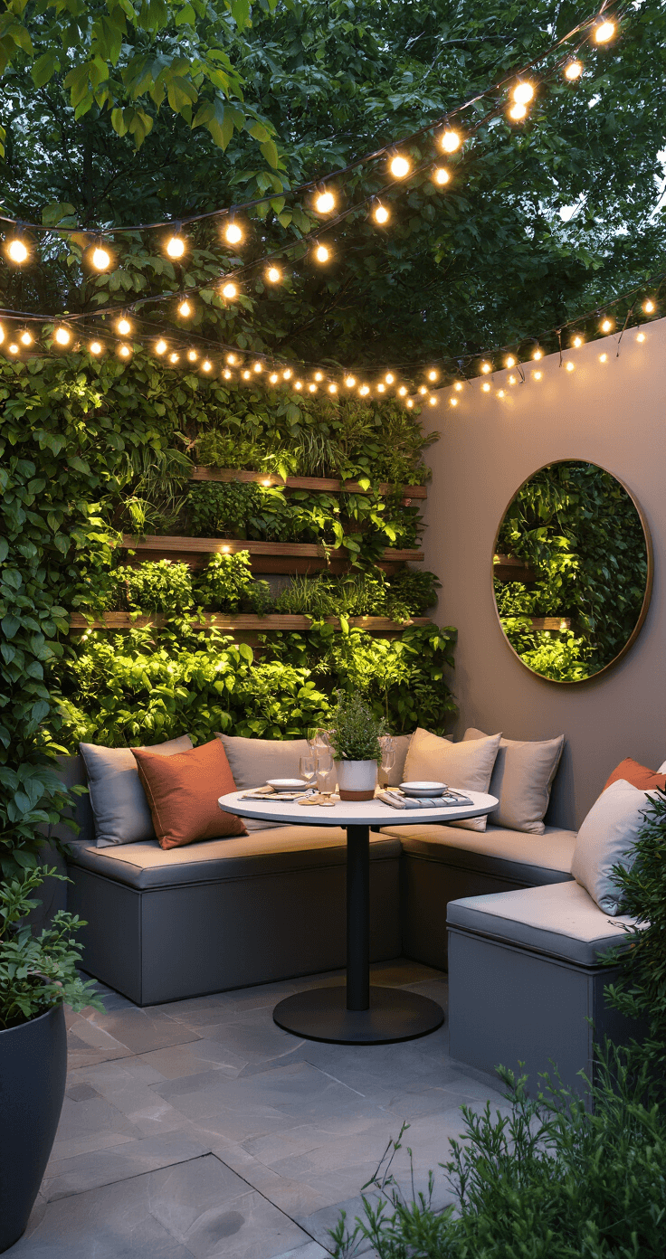 Kleine Tuin Slim Inrichten: Van Postzegel naar Paradijs Intieme avondtuinscène met warm verlichte LED-snoeren, een moderne zweefparasol naast een kleine ronde eettafel, een opslagbank met kussens, een verticale groene wand met geïntegreerde kruidenplanters, en een groot spiegel die de elementen reflecteert, vastgelegd vanuit een iets lagere hoek in gedempte grijstinten, wit en terracotta met weelderige groene accenten.