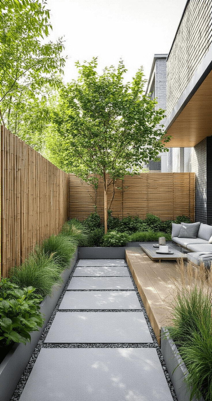 Kleine Tuin Slim Inrichten: Van Postzegel naar Paradijs A minimalist Dutch urban garden featuring vertical gardening techniques in a narrow space with bamboo and ornamental grasses in planters, a compact sour cherry tree as a focal point, a raised terrace, gravel pathways, modern outdoor furniture, and soft morning lighting in a neutral color palette.