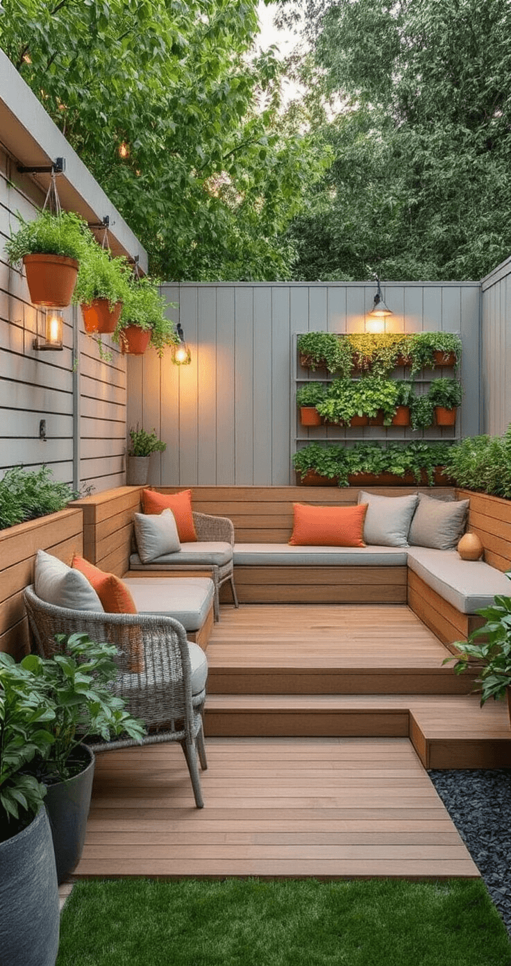 Kleine Tuin Slim Inrichten: Van Postzegel naar Paradijs Een gezellige kleine tuinretreat met een meerlagig ontwerp, een houten terras met lichte hoogteverschillen, ingebouwde opslagsystemen geïntegreerd in zithoeken, hangende plantenpotten en een verticale kruiden tuin bevestigd aan een lichtgrijze schutting, een comfortabele loungegebied met stapelbare stoelen en zachte pastelkussens, strategisch geplaatste waterpartijen die een akoestisch achtergrondgeluid creëren, vastgelegd in het gouden uur van de vroege avond, met een camerahoek die diepte en gelaagd ontwerp vastlegt, in gedempte aardetinten met groene en terracotta accenten.