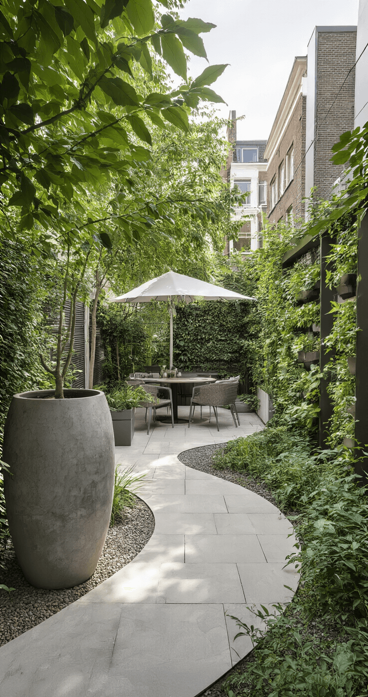 Kleine Tuin Slim Inrichten: Van Postzegel naar Paradijs Modern Dutch garden design in a narrow urban space with an S-shaped path, strategic plant placement for obscured views, a large ceramic planter, a zweefparasol for shade, a compact dining area with multifunctional furniture, vertical gardening elements, and soft natural lighting in a neutral color palette.