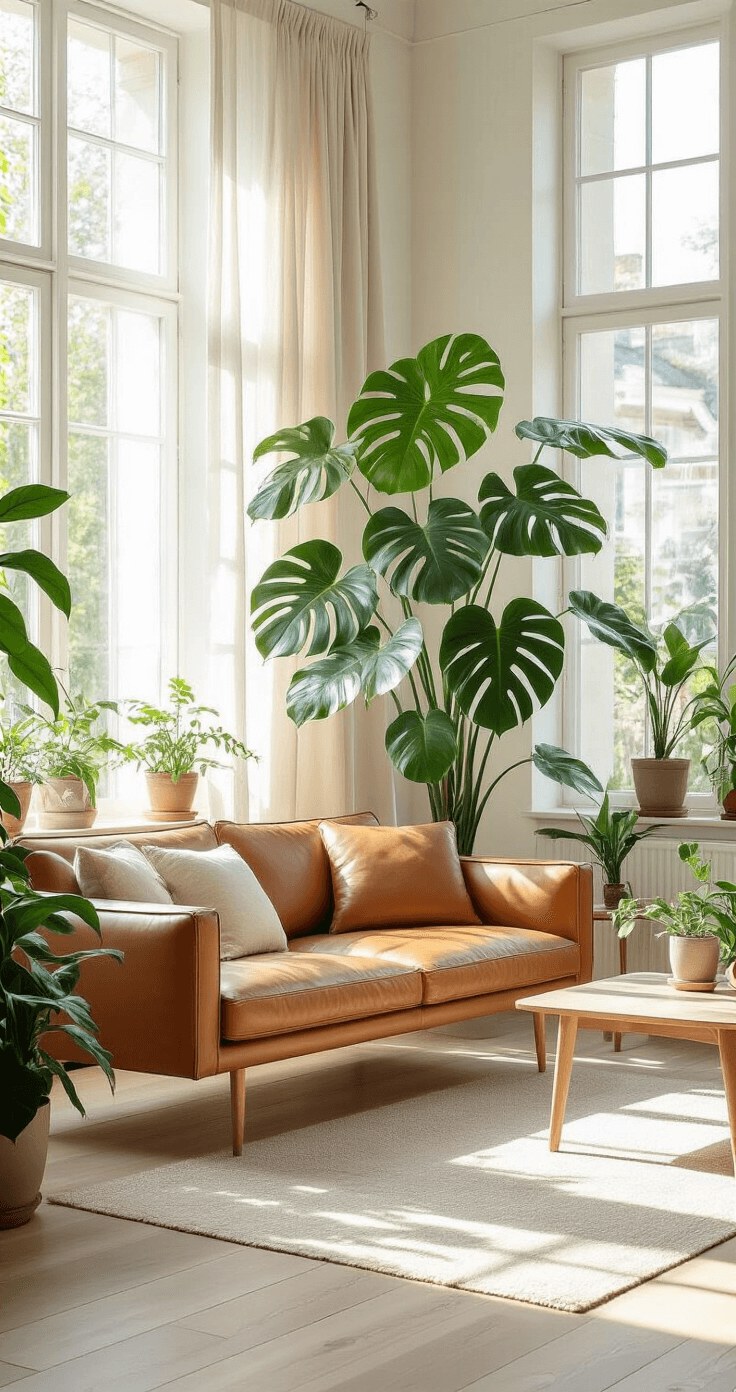 Binnenplanten die Lucht Zuiveren: Mijn Complete Gids voor Frisse Lucht in Huis A bright Dutch living room with large windows, featuring a dominant Monstera Deliciosa, minimalist white walls, Scandinavian wooden flooring, a mid-century modern caramel leather sofa, and various green plants in ceramic planters. Soft linen curtains move gently in warm morning sunlight, highlighting the textures of the plants in a neutral color palette.