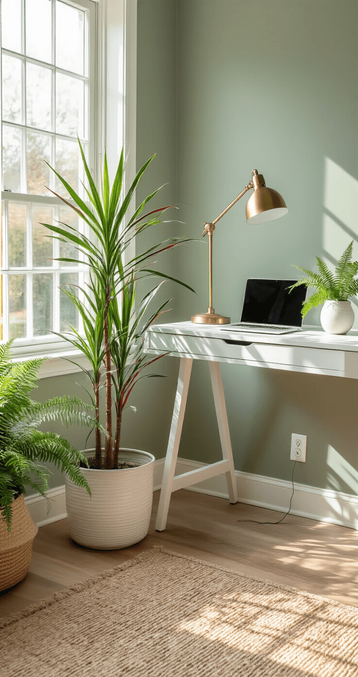 Binnenplanten die Lucht Zuiveren: Mijn Complete Gids voor Frisse Lucht in Huis Intieme thuiskantoorhoek met een trotsstaande Dracaena Marginata met roodrandige bladeren naast een witte bureau, in een ruimte met verzachtte saliegroene muren en een vintage messing bureaulamp. Een MacBook staat op een minimalistisch houten bureau, verlicht door zacht ochtendlicht vanuit een oostelijk raam, dat zachte schaduwen werpt. Een geweven juten vloerkleed en een klein wit keramisch bloempotje met een Boston varen op het bureau zorgen voor een opgeruimde uitstraling.