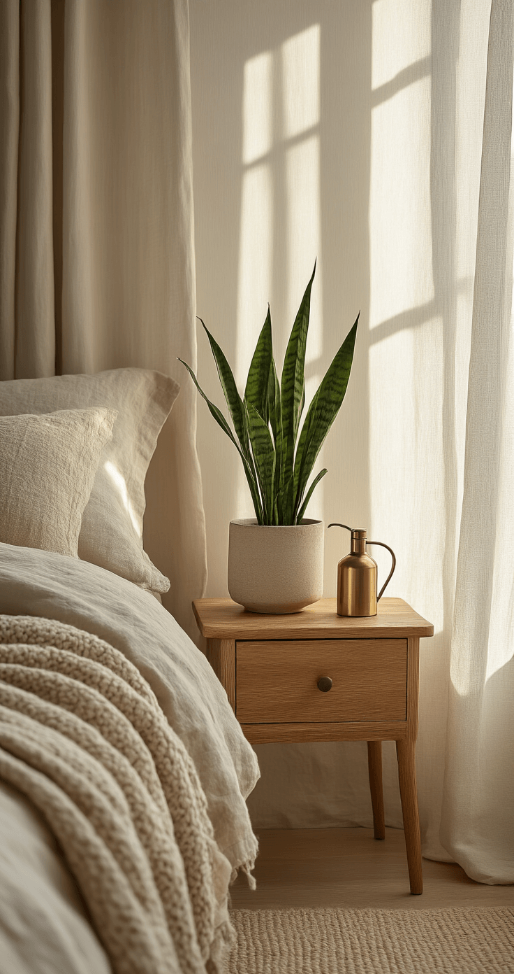 Binnenplanten die Lucht Zuiveren: Mijn Complete Gids voor Frisse Lucht in Huis Gezellige slaapkamerhoek met een Sansevieria plant op een vintage houten nachtkastje, zacht linnen beddengoed in warm ecru, en een textuurrijke wollen plaid. Indirecte ochtendlicht door sheer gordijnen, zachte schaduwen. Een klein koperen plantsproeier dichtbij, wat duidt op zorg voor de plant. Neutrale kleurenschema met subtiele groene accenten. Lage camerahoek die de verticale structuur van de plant benadrukt tegen de zachte textieltexturen. Kalmerend ochtendlicht dat de silhouet van de plant belicht.