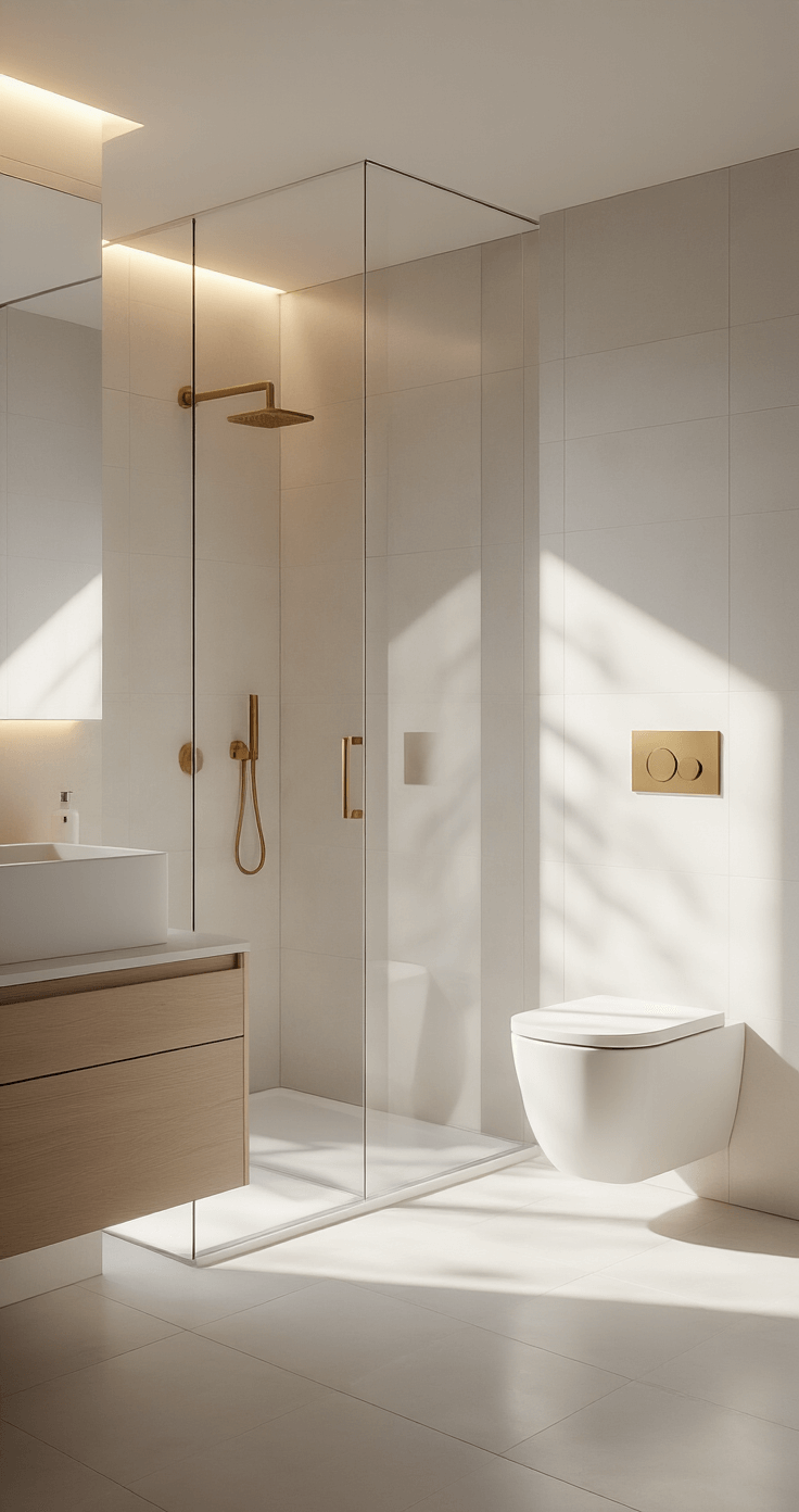 Kleine Badkamer Slim Indelen: Zo Haal Je Alles Uit Jouw Compacte Ruimte High-resolution image of a minimalist Dutch bathroom featuring an open walk-in glass shower, soft natural light from a frosted window, large white tiles, a light wood floating vanity, brushed gold fixtures, and a wide mirror reflecting ambient LED lighting, all captured from an elevated angle to highlight spatial openness.