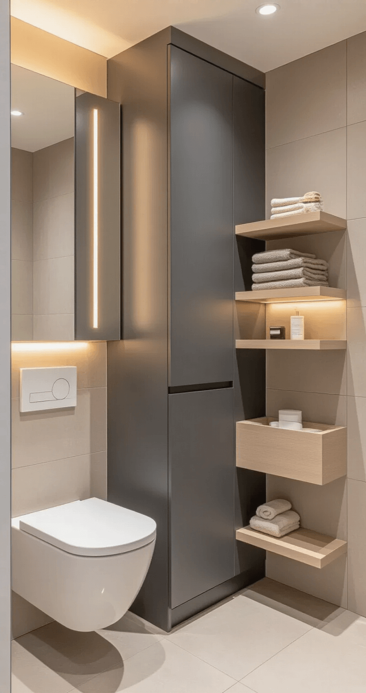 Kleine Badkamer Slim Indelen: Zo Haal Je Alles Uit Jouw Compacte Ruimte Compact Dutch bathroom featuring vertical storage solutions, including a tall charcoal gray floor-to-ceiling cabinet beside a wall-mounted toilet, a wall-mounted mirror cabinet with integrated LED lighting, warm beige floating shelves showcasing minimal accessories, and large light gray tiles covering the floors and walls, all highlighted by soft overhead and ambient lighting for a spacious and efficient minimalist design.