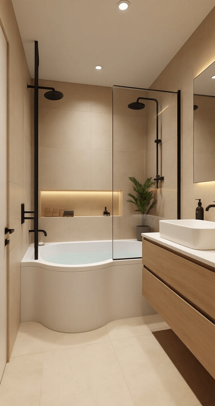Kleine Badkamer Slim Indelen: Zo Haal Je Alles Uit Jouw Compacte Ruimte Luxurious compact Dutch bathroom with an asymmetrical white corner bathtub, large frameless glass shower partition, beige large format tiles, floating wooden vanity, black matte fixtures, and an indoor plant, rendered in hyper-realistic detail from a diagonal perspective.