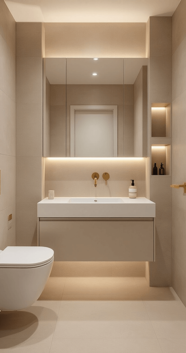 Kleine Badkamer Slim Indelen: Zo Haal Je Alles Uit Jouw Compacte Ruimte Modern Dutch bathroom interior featuring a space-saving wall-mounted toilet, compact vanity, large mirror, and indirect LED lighting, finished in warm beige tones with light gray tiles.