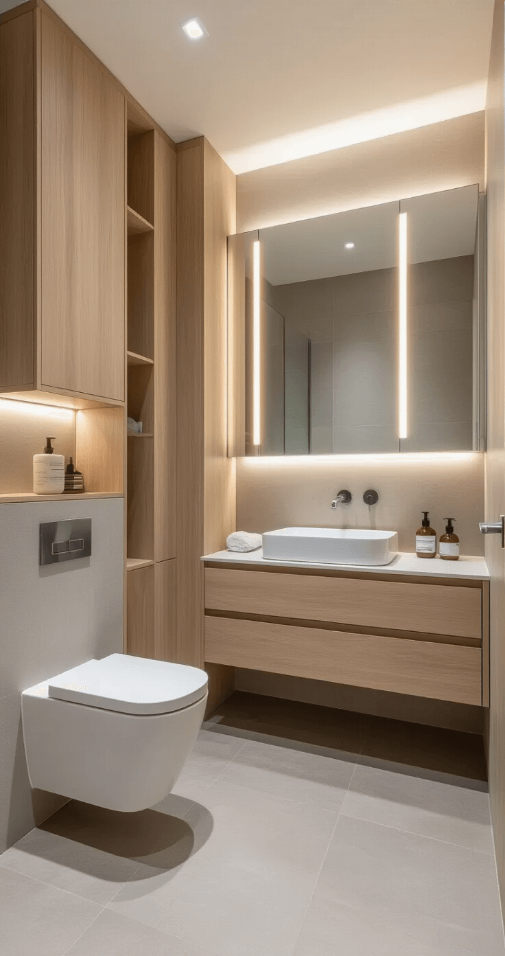 Kleine Badkamer Slim Indelen: Zo Haal Je Alles Uit Jouw Compacte Ruimte Sleek Dutch bathroom interior featuring a tall, narrow light wood storage cabinet, wall-mounted toilet, and floating vanity with integrated basin, illuminated by a large mirror with LED lighting, all set against large light gray tiles and minimalist decor.