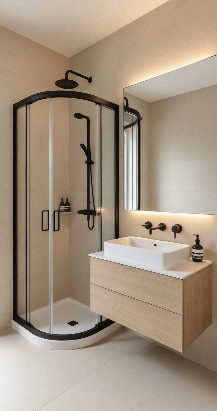 Kleine Badkamer Slim Indelen: Zo Haal Je Alles Uit Jouw Compacte Ruimte Compact Dutch bathroom featuring a triangular corner shower with sliding glass doors, a wall-mounted 35x35cm corner basin, a light wood floating cabinet, a large wall mirror, soft indirect LED lighting, black matte fixtures, and large light beige tiles, all captured from a diagonal perspective to emphasize innovative corner solutions.