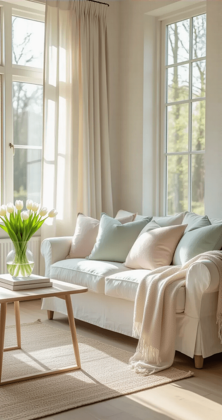 Lente in Huis Halen: Seizoensgebonden Styling die je Interieur Laat Ademen A bright, airy Dutch living room with a crisp white linen sofa, adorned with light pink and sage green throw pillows, large windows with sheer curtains, and a minimalist oak side table holding fresh white tulips, capturing a serene spring atmosphere.