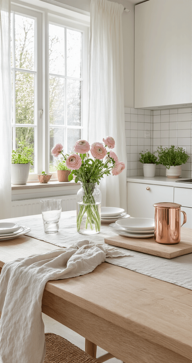 Lente in Huis Halen: Seizoensgebonden Styling die je Interieur Laat Ademen A modern Dutch kitchen with white ceramic tiles, natural wood accents, and a large window overlooking a spring garden, featuring a wooden dining table styled with a linen tablecloth and pink ranunculus in a glass vase, complemented by copper kitchen accessories and potted herbs, all illuminated by soft morning light through sheer curtains.