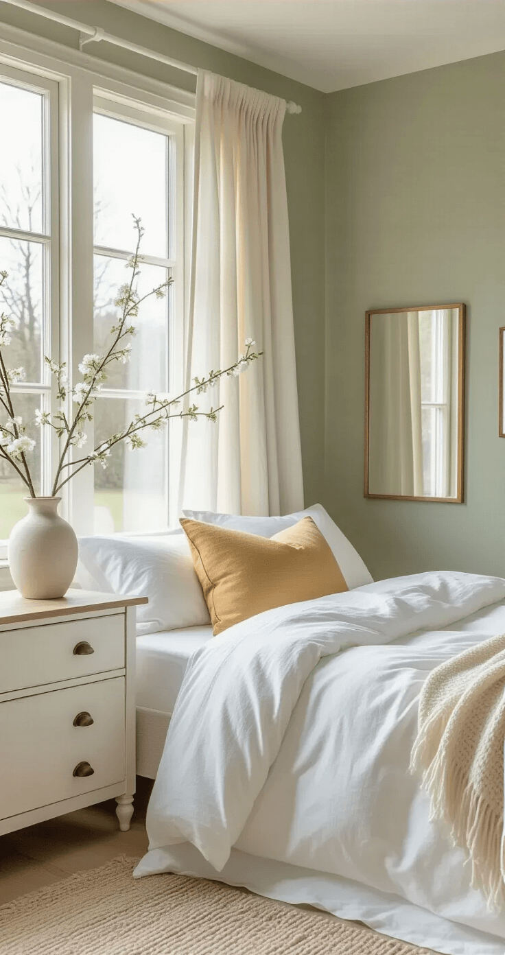 Lente in Huis Halen: Seizoensgebonden Styling die je Interieur Laat Ademen A serene Dutch bedroom featuring white cotton bedding and a soft butter yellow throw pillow, illuminated by morning sunlight through large windows with light linen curtains, showcasing natural wood furniture and minimal decor. A ceramic vase with flowering branches rests on a white wooden dresser against soft sage green walls, accompanied by a light wool rug on the wooden floor and strategically placed mirrors enhancing the tranquil atmosphere.