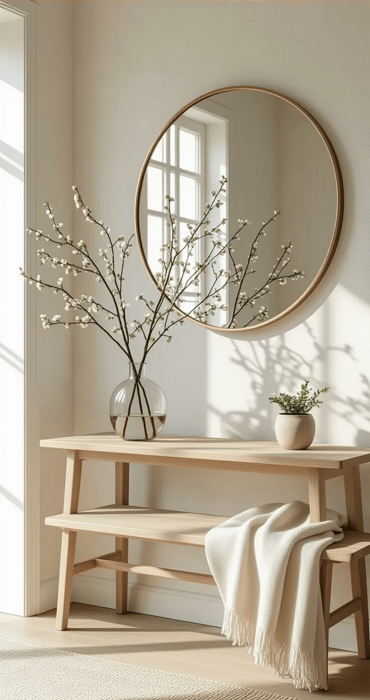 Lente in Huis Halen: Seizoensgebonden Styling die je Interieur Laat Ademen A modern Dutch entryway featuring a light wooden console table with a glass vase of fresh branches, a round mirror with a brass frame, a cream linen runner on wooden floors, a ceramic pot with a green plant, minimalist decor on white walls, a wooden bench with a wool throw, and soft morning light streaming through a window.