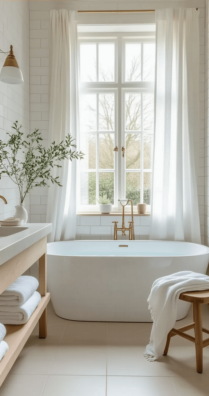 Lente in Huis Halen: Seizoensgebonden Styling die je Interieur Laat Ademen A serene Dutch bathroom featuring white subway tiles and natural stone surfaces, with large windows allowing natural light. A freestanding white ceramic bathtub near billowing linen curtains, neatly folded white towels on a wooden shelf, and a small potted plant. Brass fixtures and minimal accessories enhance the clean, spa-like atmosphere, complemented by a light wooden stool with a folded linen throw.