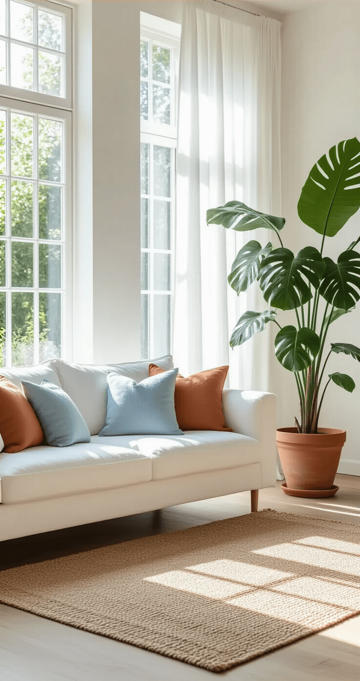 Zomermagie in je Huis: Zo Style je je Interieur voor de Zonnigste Maanden Bright Dutch living room with high ceilings, soft white walls, large windows, minimalist white linen sofa with blue and terracotta cushions, natural jute rug, tall monstera plant in a terracotta pot, sheer linen curtains, and gentle morning light creating soft shadows.