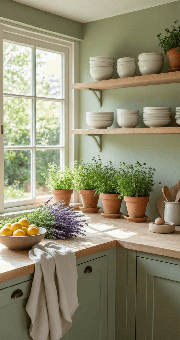 Zomermagie in je Huis: Zo Style je je Interieur voor de Zonnigste Maanden A contemporary Dutch kitchen featuring open shelving with white ceramic dishes and terracotta pots of fresh herbs, illuminated by large windows overlooking a green garden. The pale wooden island is adorned with a bowl of lemons and fresh lavender, while soft sage green walls complement natural wood tones. Textured linen tea towels hang casually, and the space is bathed in soft morning light, creating a warm, inviting atmosphere.