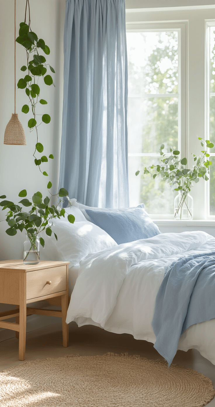 Zomermagie in je Huis: Zo Style je je Interieur voor de Zonnigste Maanden A serene Dutch bedroom adorned with white linen bedding and subtle blue accents, featuring lightweight chambray curtains, a pothos plant near the window, a minimalist wooden nightstand with eucalyptus, and a natural woven rug, all bathed in soft morning light.