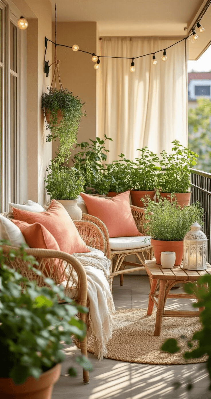 Zomermagie in je Huis: Zo Style je je Interieur voor de Zonnigste Maanden A cozy Dutch balcony bathed in golden hour light, featuring rattan furniture, vibrant potted herbs, and terracotta planters. Soft coral and sand-toned linen cushions add comfort, while white ceramic lanterns and a wooden side table enhance the inviting atmosphere. Woven textiles drape lightly, creating texture and an intimate summer vibe.