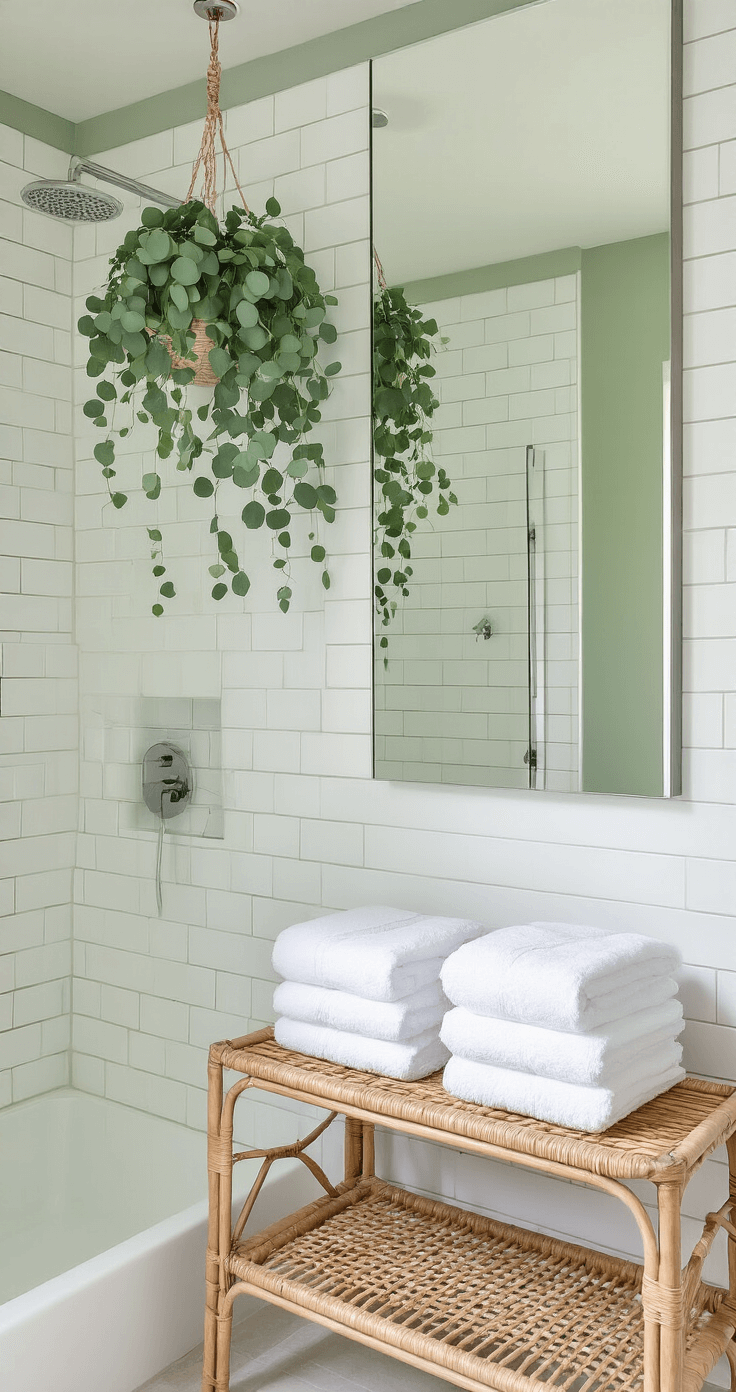 Zomermagie in je Huis: Zo Style je je Interieur voor de Zonnigste Maanden A modern Dutch bathroom with white subway tiles, natural stone accents, abundant greenery, a large mirror reflecting light, hanging eucalyptus branches, folded white towels on a rattan shelf, soft sage green walls, and strategic lighting highlighting the textures.