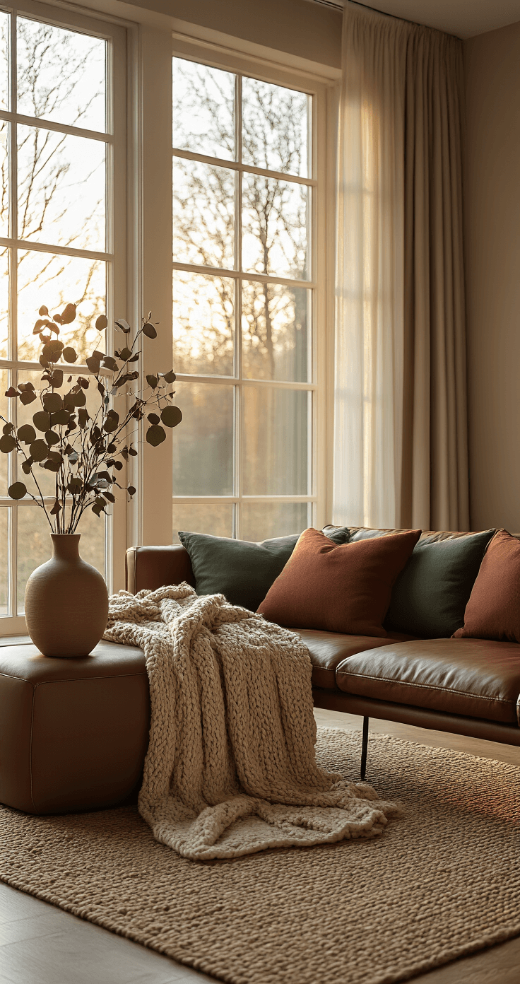Herfststyling in Huis: Zo Transformeer Je Jouw Interieur in een Warm Herfstparadijs A cozy Dutch living room bathed in warm golden hour light, featuring modern minimalist furniture in mocha, bordeaux, and forest green. A sleek leather sofa adorned with a chunky knit throw, layered textured wool rug over jute, and a ceramic vase with dried eucalyptus. Soft pastel cushions enhance the intimate atmosphere in this ultra-detailed, moody setting.