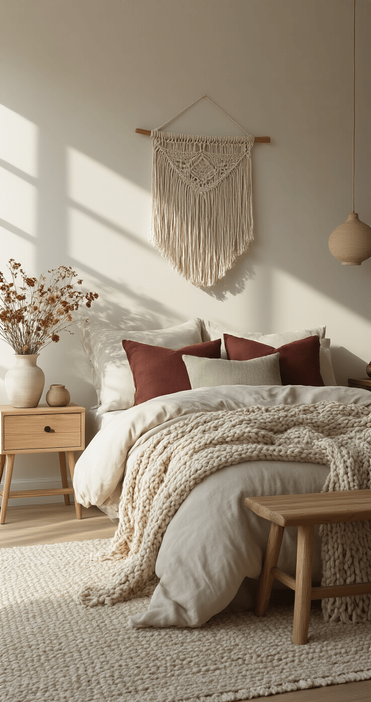 Herfststyling in Huis: Zo Transformeer Je Jouw Interieur in een Warm Herfstparadijs Gezellige Scandinavische slaapkamer met hygge-herfststyling, zacht ochtendlicht dat zachte schaduwen creëert. Gelaagd beddengoed in neutrale tinten met bordeauxrood en saliegroen accent, chunky gebreide deken aan de voet van het bed. Macramé wanddecoratie, houten nachttafels met keramische lamp. Droogbloemarrangement, zachte wolven tapijt. Gedempte kleurenpalet met rijke textuurlijke elementen. Wide-angle opname die de warmte en uitnodigende natuur van de kamer benadrukt.