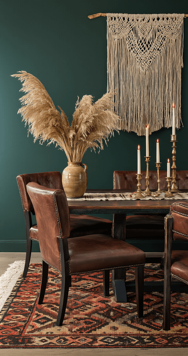Herfststyling in Huis: Zo Transformeer Je Jouw Interieur in een Warm Herfstparadijs Donkere bohemien eetkamer met herfststyling in rijke juweeltinten; vintage leren stoelen, kilimtapijt en gedempte verlichting creëren een mysterieuze sfeer.