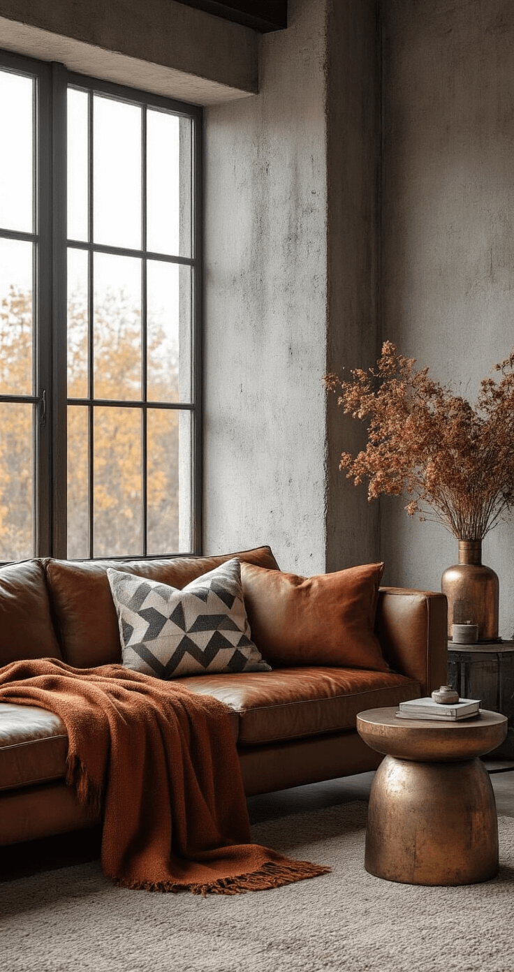 Herfststyling in Huis: Zo Transformeer Je Jouw Interieur in een Warm Herfstparadijs Rustieke industriële woonkamer met herfstovergangsstyling, betonwanden, leren bank, metalen accenten, een zachte wollen deken in roesttint, geometrische kussens, grote ramen met zacht middaglicht, minimalistische gedroogde bloemenarrangement, vintage metalen bijzettafel, warm amberkleurig licht dat contrast creëert tussen harde en zachte oppervlakken, laag perspectief met dramatische compositie die textuurcomplexiteit benadrukt.