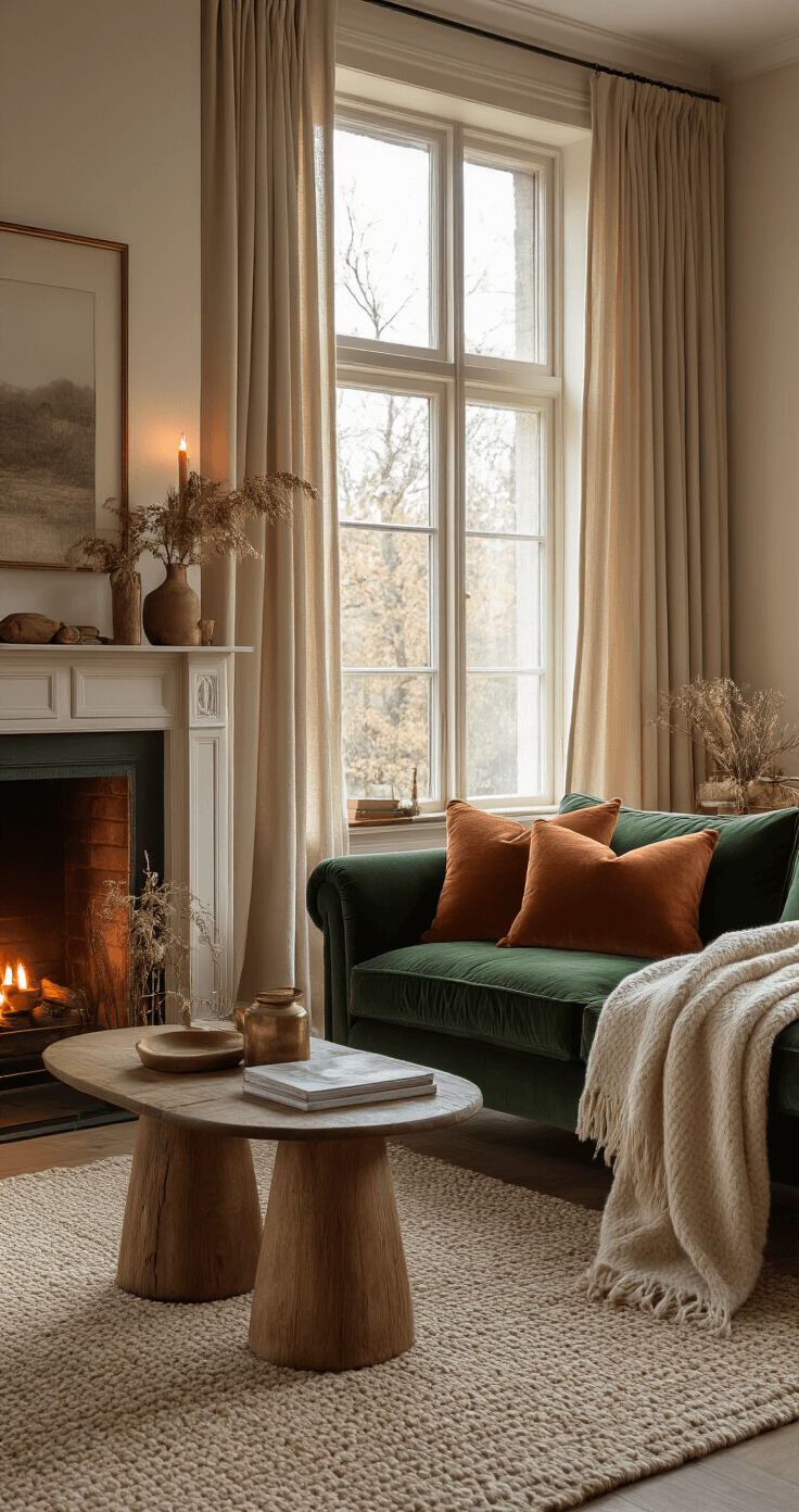 Seizoensgebonden Styling: Winter – Zo Maak Je Van Je Huis Een Warme Toevluchtsoord A cozy Dutch living room featuring a deep forest green velvet sofa, copper-framed fireplace, and warm LED lighting, adorned with wool blankets, terracotta and cream accent pillows, and wooden side tables with vintage brass details, illuminated by soft winter afternoon light filtering through textured curtains.
